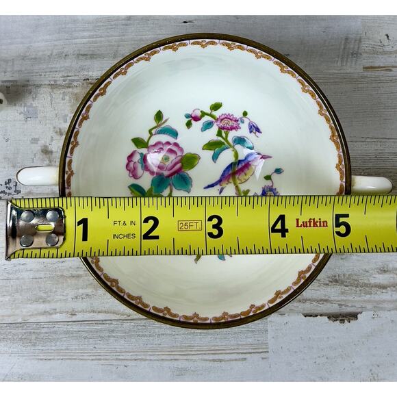 Vintage Coalport Pembroke Hand Painted 2 Handled Soup Bowls Saucers Birds Floral - Picture 10 of 11